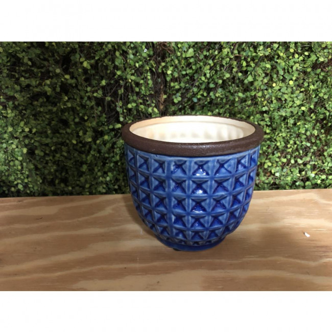 Vaso azul cerâmica borda marrom P