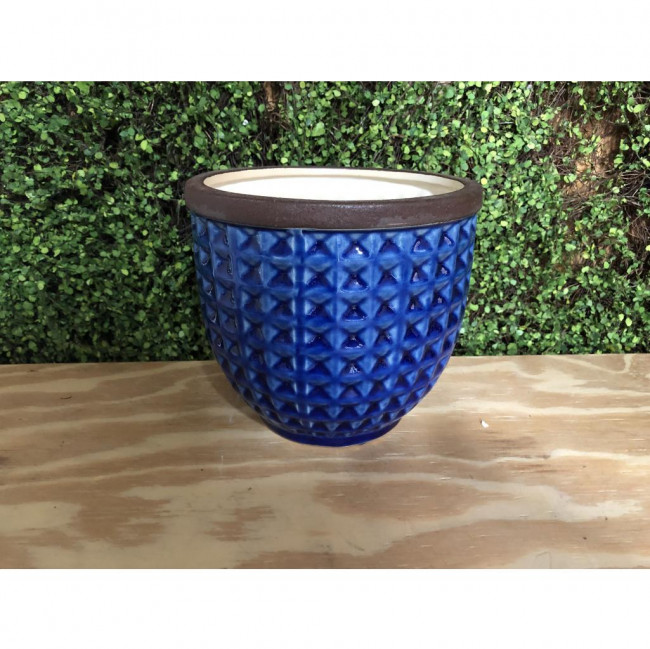 Vaso azul cerâmica borda marrom M