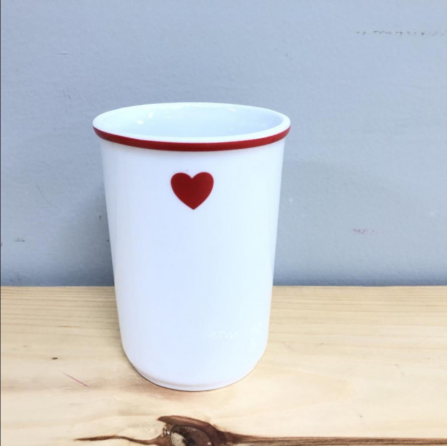 Vaso cerâmica branco coração vermelho