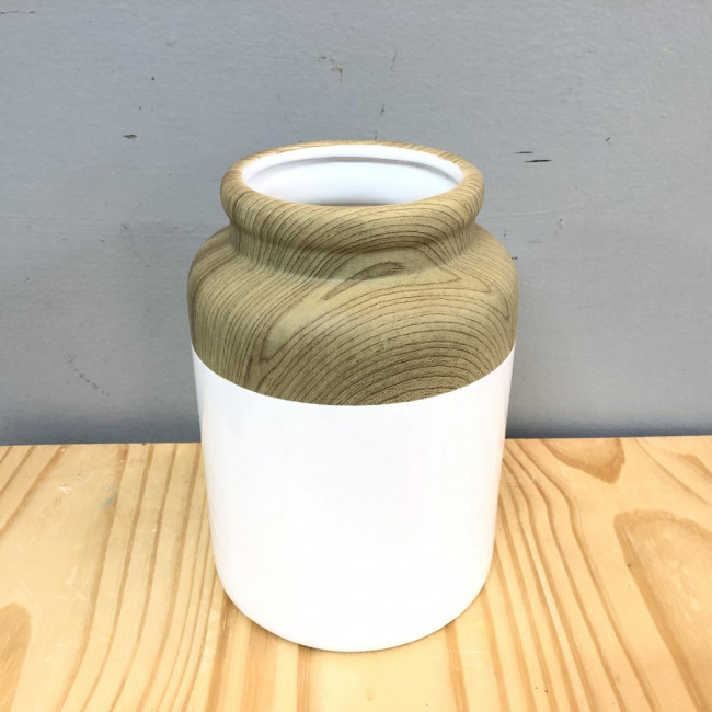 VASO DE CERÂMICA BRANCO MADEIRA CILINDRO P